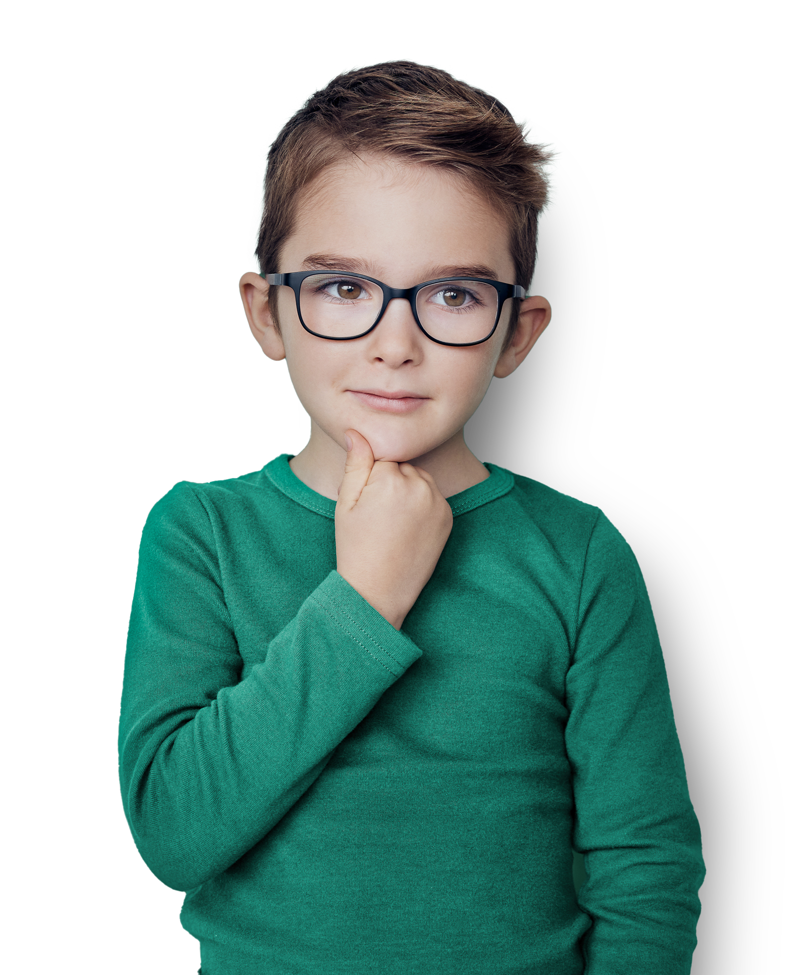 A young boy in glasses posing with his hand on his chin.