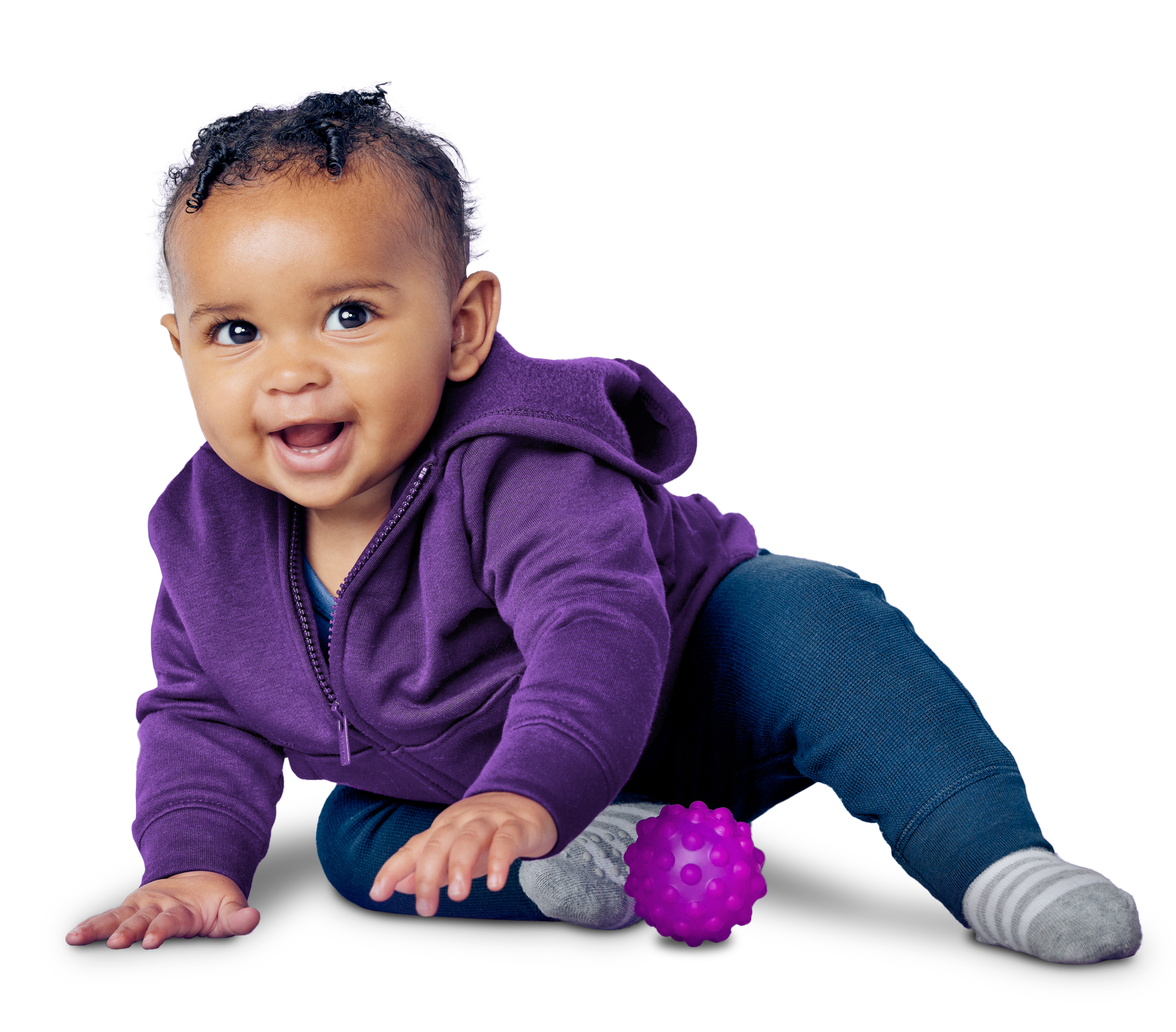 About a baby in a purple hoodie with a purple ball.