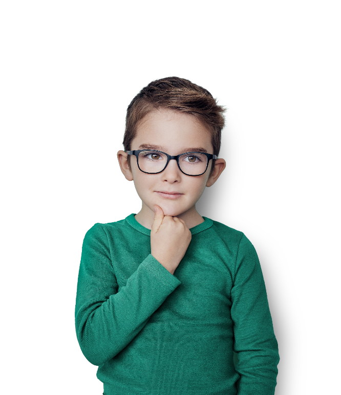 Curious boy holding his chin wearing glasses